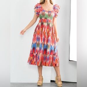 THML Multicolor Ikat-Style Summer Dress in Blue and Coral
